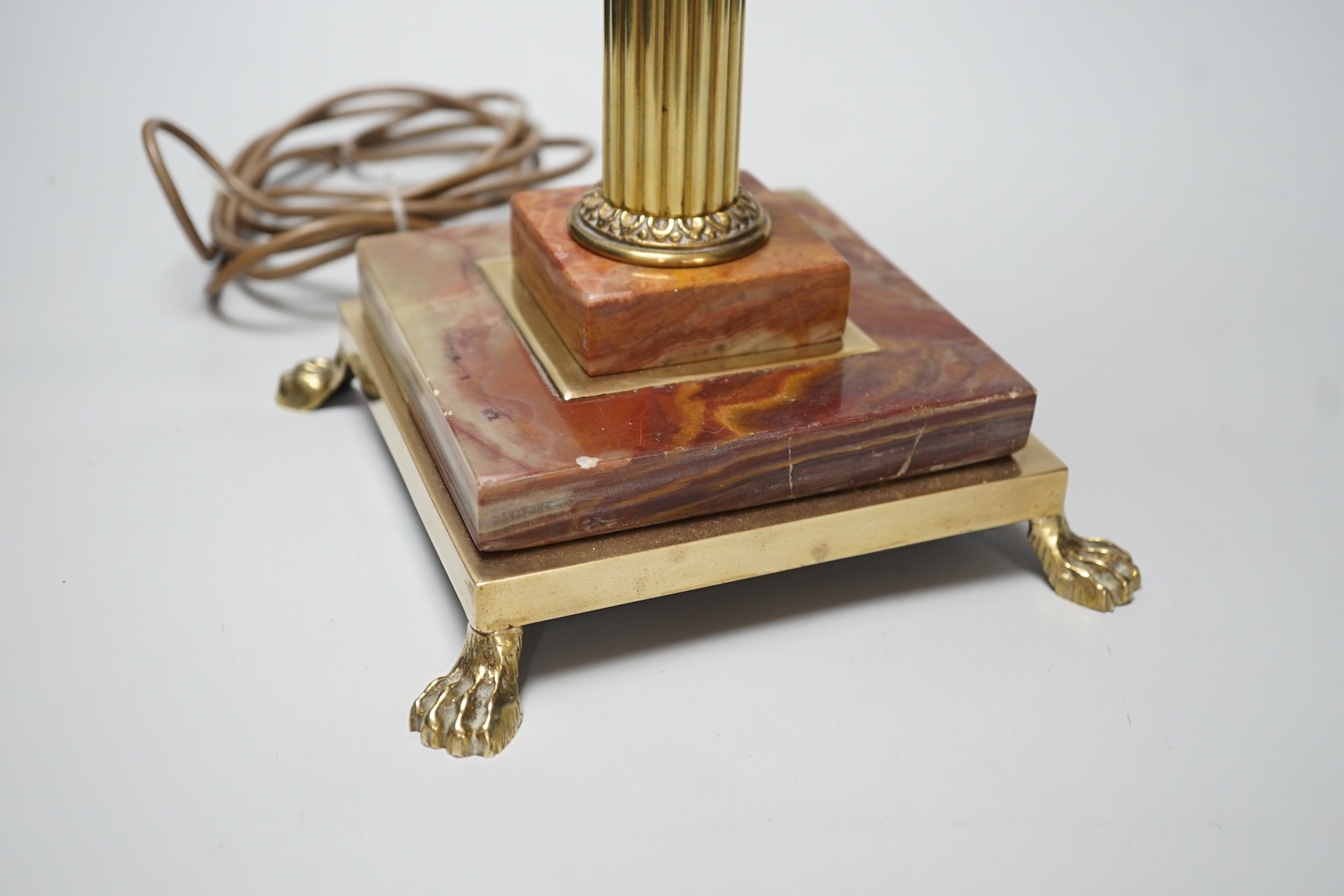 A brass and onyx Corinthian column table lamp, 55cm total height